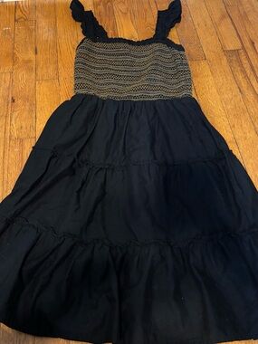 Black Tiered Sundress with Smocked Gold-Detail Bodice xxs